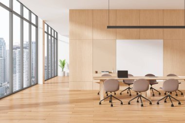 Geniş bir konferans odası, büyük masası, sandalyeleri ve şehir manzarası var. Modern iç tasarım, ahşap döşeme, parlak açık alan. İş konsepti. 3B Hazırlama