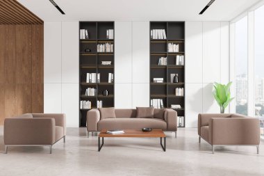 Kahverengi kanepeleri, ahşap masası ve büyük kitaplıkları olan geniş modern oturma odası. Minimalist tasarım. Parlak iç mekan. 3B Hazırlama