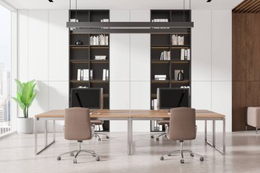 Beyaz ofis içi, masa başında bilgisayar, beton zemin. Ortak çalışma alanı ve dekorasyonlu raf. Gökdelenlerin panoramik penceresi. 3B görüntüleme