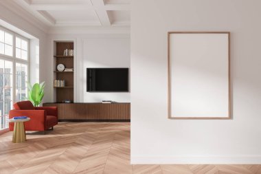 İçinde boş bir duvar iskeleti, ahşap zemin ve şık mobilyalar olan modern bir oturma odası. Parlak ve ferah iç mekan kavramı. 3B Hazırlama