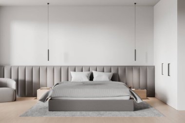 Tarafsız tonlarda modern yatak odası, gösterişli mobilyalar ve minimalist dekorlar. Parlak ve havadar bir yer. Çağdaş ev kavramı. 3B Hazırlama