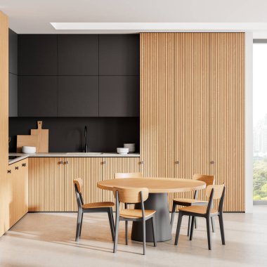 Beyaz ve ahşap mutfak masası, sandalyeler, beton zemin. Mutfak gereçleriyle dolu minimalist yemek dolabı. Bangkok gökdelenlerinin panoramik penceresi. 3B görüntüleme