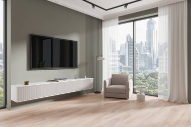 Oturma odasının köşesinde koltuk, büfe, dekorasyon ve televizyon ekranı var. Bangkok gökdelenlerinde dinlenme bölgesi ve panoramik pencere. 3B görüntüleme