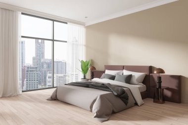 Şehir manzarası olan şık bir yatak odası. Minimalist tasarım geniş bir pencere ve çağdaş bir dekor içerir. 3B Hazırlama