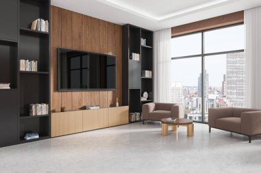 Oturma odasının iç tarafının köşesinde iki koltuk var. Raflı ve dekorasyonlu televizyon ve büfe. New York gökdelenlerinin panoramik penceresi. 3B görüntüleme