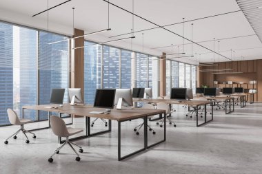 Geniş, modern ofis, açık alan tasarımı, çalışma istasyonları ve doğal ışık, şehir zeminine karşı kurulmuş. 3B Hazırlama