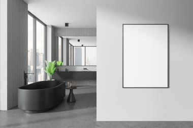 Modern bir banyoda beyaz bir duvarda çerçevelenmiş boş bir tuval. Büyük pencereleri, gri küveti ve bitkileri olan. Minimalist iç tasarım. 3B Hazırlama