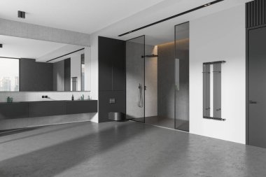Siyah ve beyaz ev tuvaletinin köşesi lavabo ve duvara asılı tuvalet, cam duş ve aksesuarlar. Beton zeminde görünmez kapısı olan banyo alanı. 3B görüntüleme
