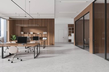 Çalışma odası, cam toplantı odası, raf ve dekorasyon ile ofis içi işleri. Bilgisayarlar masalarda ve sandalyeler sırada. Gökdelenlerin panoramik penceresi. 3B görüntüleme