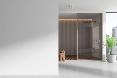 Boş duvarlı modern banyo, tahta duş paneli ve bitki. Hafif bir arka planda minimalist tasarım. İç tasarım kavramı. 3B Hazırlama
