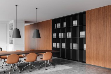 Ofisin içinde uzun bir masa, sandalyeler, tahta paneller ve raflar var. Şirket iş konsepti üzerine minimalist tasarım. 3B Hazırlama