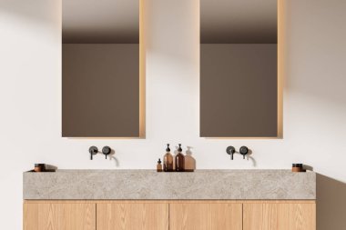 Beton tezgahlı minimalist banyo kibri, çift ayna ve tarafsız bir arkaplanda ahşap dolaplar. Modern iç mekan konsepti. 3B Hazırlama