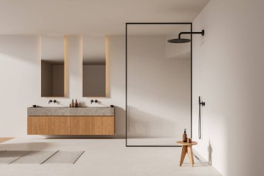 Minimalist banyo, yüzen ahşap kibir, büyük bir duş ve açık bej arka planda doğal ışık. Modern iç tasarım konsepti. 3B Hazırlama