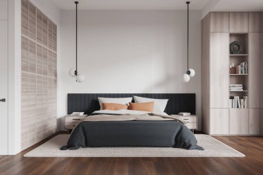 Koyu renk çerçeveli yatak odası, nötr tonlar, kolye ışıkları ve ahşap gardırop. Minimalist ve modern tasarım konsepti rahat bir mekanda. 3B Hazırlama