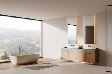 Geniş pencereli modern bir banyo, serbest küvet ve çift lavabo kibri. Açık hava manzaralı minimalist tasarım. 3B Hazırlama