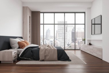 Yerden tavana geniş pencereli şık bir yatak odası, ahşap mobilyalar, rahat bir yatak ve şehir manzarası. Modern ev tasarımı kavramı. 3B Hazırlama