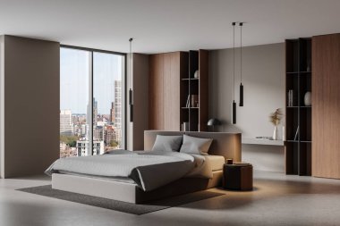 Şehir manzaralı, minimalist dekorlu ve nötr tonlu geniş bir pencereye sahip zarif modern yatak odası iç tasarımı. Lüks kavramı. 3B Hazırlama