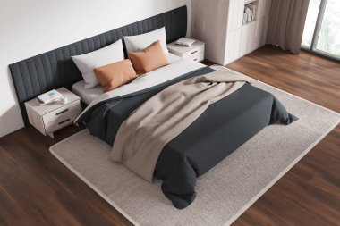 İçinde siyah ve bej yatak odası, ahşap döşeme ve komodinlerin olduğu modern bir yatak odası manzarası. Tasarım konsepti. 3B Hazırlama