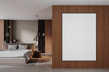 Modern yatak odasındaki ahşap duvarda boş bir poster, rahat dekorlar ve tarafsız tonlar var. İç modelleme kavramı. 3B Hazırlama