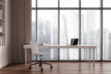 Minimalist ofis, masa, dizüstü bilgisayar ve sandalyeyle ahşap zemin, büyük pencereler ve şehir manzarasına karşı. Modern iç tasarım konsepti. 3B Hazırlama