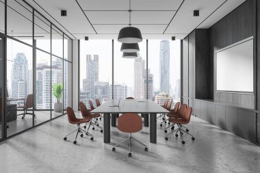 Geniş masalı, kahverengi sandalyeli modern konferans odası ve cam duvarlardan şehrin silüeti. Toplantı için parlak, temiz ofis alanı. 3B Hazırlama