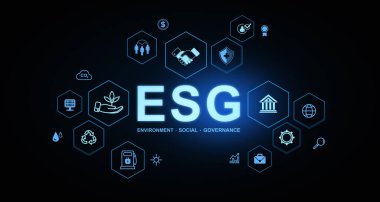 Çevreyi, sosyal ve karanlık arka planda yönetimi temsil eden parlak simgelerle ESG kavramı. Sürdürülebilirlik kavramı. 3B Hazırlama