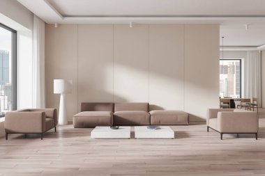 İçinde bej mobilyalar, büyük bir pencere, açık ahşap döşemeler ve tarafsız duvarlar olan minimalist bir oturma odası. Modern tasarım konsepti. 3B Hazırlama.