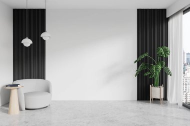 Boş duvarlı minimalist oturma odası, içinde sandalye, masa ve bitki var. Tarafsız ses tonları. İç tasarım ve kopyalama alanı konsepti. 3B Hazırlama
