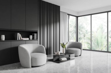 Gri koltukları, parlak cam bir masası ve büyük pencereleri olan zarif modern oturma odası. Sakin bir atmosferi olan minimalist bir tasarım. 3B Hazırlama