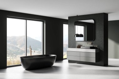 Siyah küveti, minimalist kibri, geniş aynası ve geniş pencereli dağ manzaralı modern bir banyo. Lüks ev dekorasyonu kavramı. 3B Hazırlama