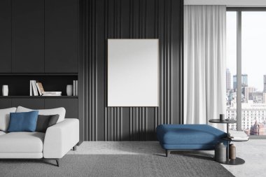 Modern oturma odasında boş bir poster, siyah duvarlı, beyaz kanepe, mavi kanepe ve şehir manzaralı. İç tasarım kavramı. 3B Hazırlama