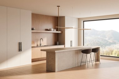 Minimalist dolapların, merkezi bir adanın ve sakin dağ manzaralı büyük pencerelerin yer aldığı gösterişli, modern bir mutfak. Temiz ve işlevsel ev yemeği alanı. 3B Hazırlama