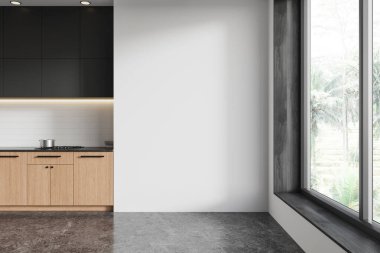 Ahşap dolaplı şık mutfak ve model için boş duvar. Geniş pencere manzaralı. İç tasarım konsepti. 3B Hazırlama