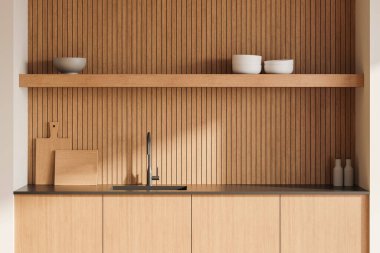 Ahşap dolapları, rafı, minimalist tasarımı, temiz zeminli modern bir mutfak. Çağdaş aile kavramı. 3B Hazırlama.