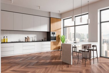 Ev mutfağının iç mekan manzarası ve sandalyeler, dolap ve mutfak eşyaları. Bitkilerle klasik yemek pişirme alanı tasarımı. Kuala Lumpur gökdelenlerinin panoramik penceresi. 3B görüntüleme