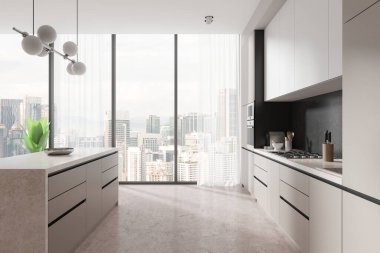 Şık dolapları olan modern bir mutfak, minimalist tasarım ve şehrin ufuk çizgisini gösteren büyük pencereler. Parlak arka plan, lüks konsepti ve çağdaş iç mekan. 3B Hazırlama