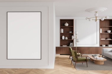 Klasik oturma odası. Kanepe, iki koltuk ve ahşap döşemeli halı. Raflı, sehpalı ve dekorasyonlu bir salon. Bölüme uzay posterini kopyala. 3B görüntüleme