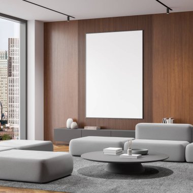 Ahşap duvarında boş çerçeveli bir posterle modern oturma odası. Etrafı parlak mobilyalarla çevrili. İç tasarım kavramı. 3B Hazırlama