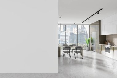 Lüks ev mutfağı. Yemek masası, sandalyeler, beton zemin. Bangkok 'ta panoramik pencereli yemek dolabı ve yemek odası. Boş duvar bölmesini düzenle. 3B görüntüleme