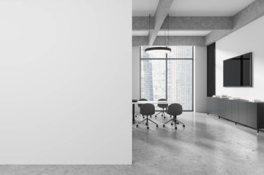 Geniş modern ofis, solunda boş beyaz duvar, geniş pencere ve konferans masası. Model gösterisi için ideal. 3B Hazırlama