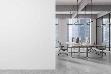 Boş ofis alanı, boş duvar, parlak tasarım ve büyük pencereler. Model ya da kopyalama alanı için ideal. Modern iç mekan tarzı. 3B Hazırlama