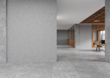Konferans salonu, ortak çalışma alanı, koridoru ve döşemesi olan taştan ofis işleri. Gökdelenlerin panoramik penceresi. Boşluk boş duvar girişini kopyala. 3B görüntüleme