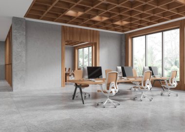 Ortak çalışma ve konferans odası, masa başında bilgisayar ve sıra sıra dizilmiş koltuklarla iş içi manzarası. Tropik bölgelerde panoramik pencere. 3B görüntüleme