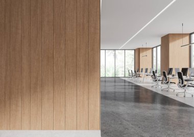 Modern ofis içinde ahşap duvar. Doğal ışık, beton zemin ve açık masa alanı var. Tasarım modellemesi kavramı. 3B Hazırlama