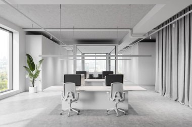 Geniş, modern ofis iç mimarisi, açık alan düzeni, parlak mobilyalar ve geniş pencereler. Minimalist ve parlak bir kavram. 3B Hazırlama