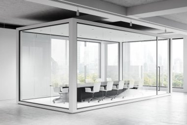 Cam duvarları ve şehir manzaralı geniş bir konferans odası. Minimalist iç tasarım, açık alan, kurumsal iş konsepti. 3B Hazırlama