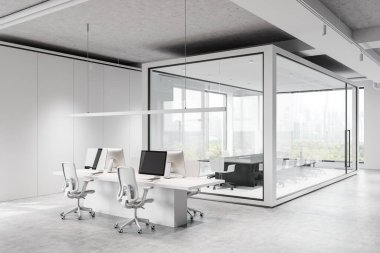 Minimalist tasarım ve şehir manzaralı cam duvarlı toplantı odası ve açık çalışma alanı olan şık modern ofis içi. 3B Hazırlama