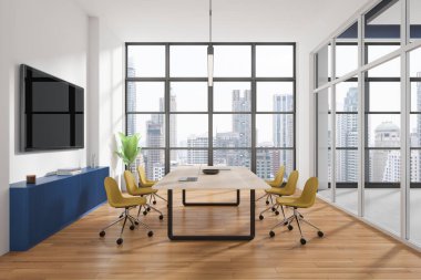 Geniş bir ofis konferans odası, uzun ahşap bir masa, sarı sandalyeler ve şehir manzarasına bakan büyük pencereler. Modern iç mekan konsepti. 3B Hazırlama