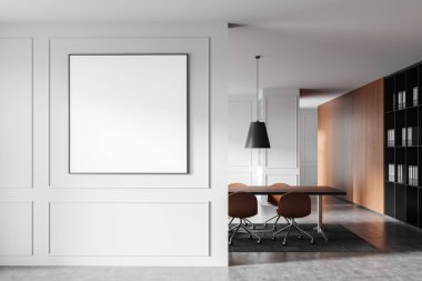 Minimalist tasarımı olan modern bir konferans odası. Geniş bir masa, sandalyeler, parlak duvarlar ve zarif ışıklandırma. 3B Hazırlama