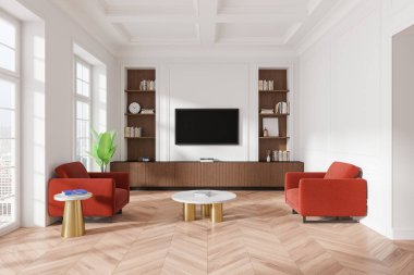 Kırmızı koltukları, televizyon ünitesi, kitaplıkları ve ahşap zemini olan modern oturma odası. Çağdaş iç mimari. 3B Hazırlama